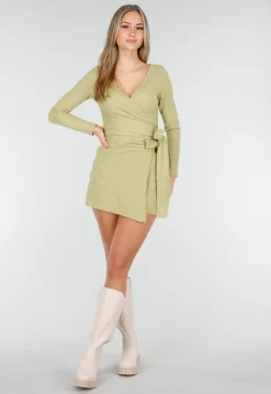 Olijfgroene Skort met Overslag en Strikdetail in Linnenlook Stof