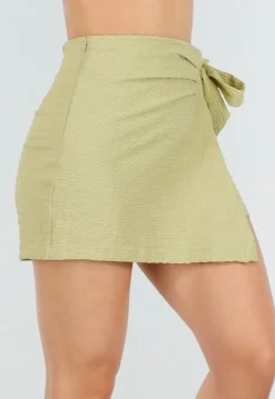 Olijfgroene Skort met Overslag en Strikdetail in Linnenlook Stof