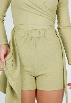 Olijfgroene Skort met Overslag en Strikdetail in Linnenlook Stof