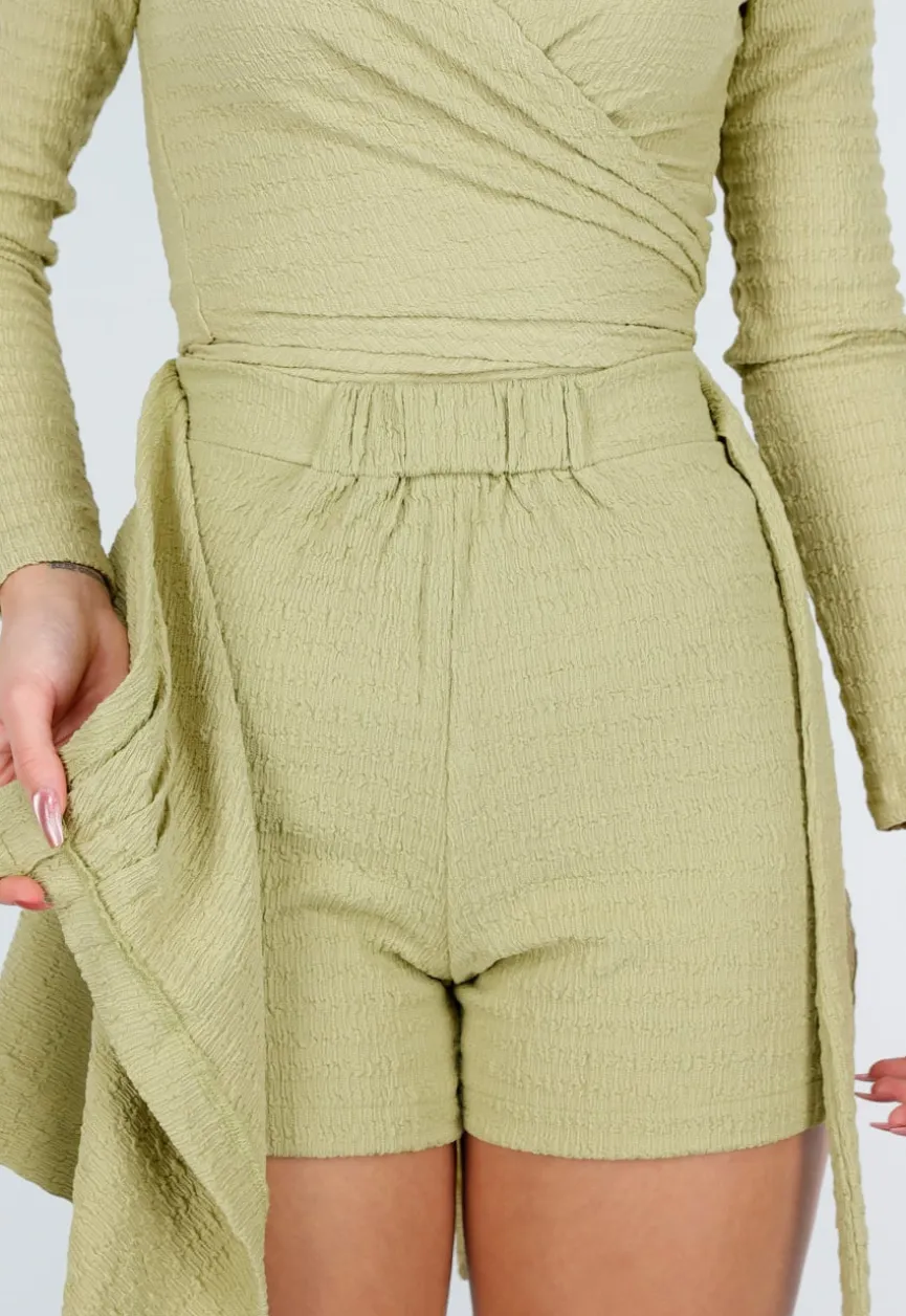 Olijfgroene Skort met Overslag en Strikdetail in Linnenlook Stof