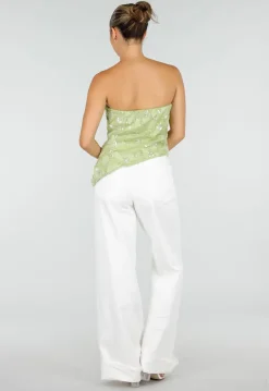 Olijfgroene Strapless Top met Pailletten, Bloemenpatroon en Blinde Rits