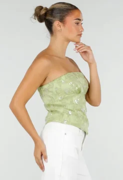 Olijfgroene Strapless Top met Pailletten, Bloemenpatroon en Blinde Rits