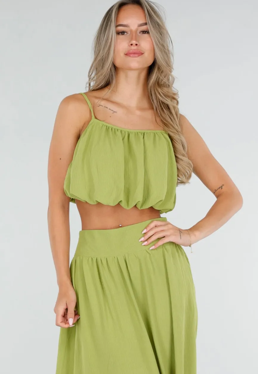 Olijfgroene Two Piece Set met Spaghetti Top en Maxi Rok