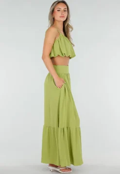Olijfgroene Two Piece Set met Spaghetti Top en Maxi Rok