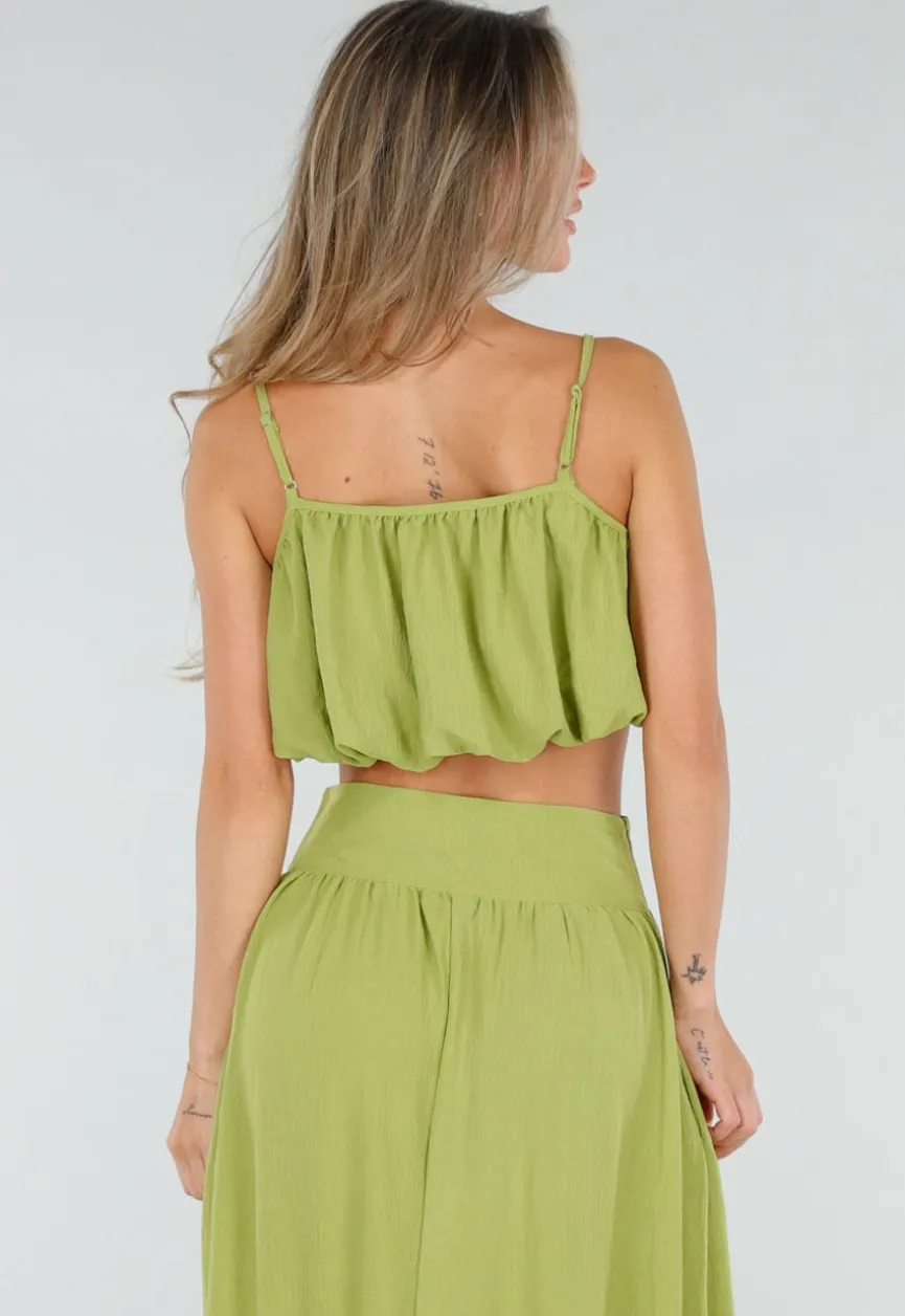 Olijfgroene Two Piece Set met Spaghetti Top en Maxi Rok