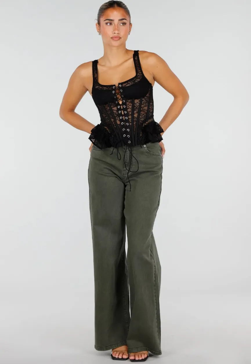 Olijfgroene Wide Leg Jeans met Hoge Taille en Lichte Stretch