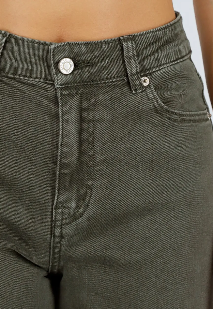 Olijfgroene Wide Leg Jeans met Hoge Taille en Lichte Stretch