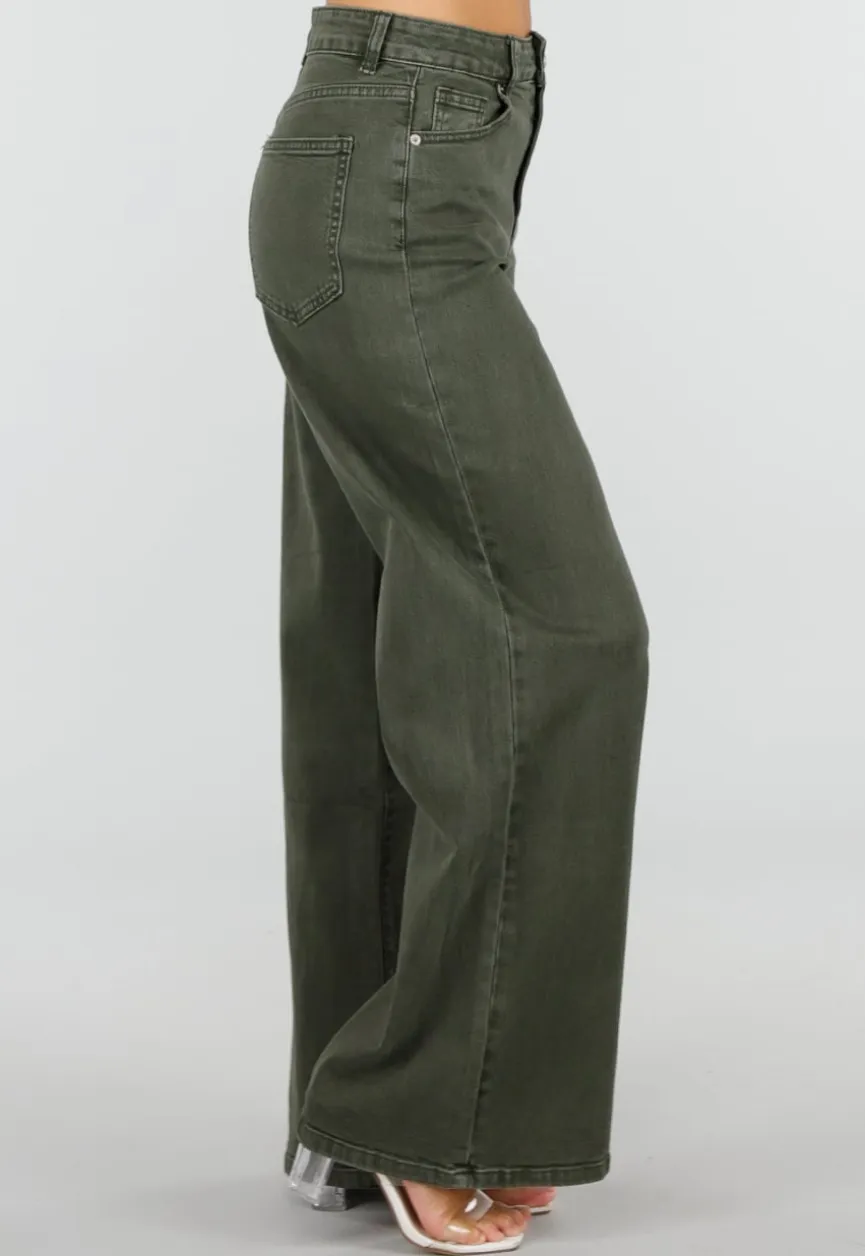 Olijfgroene Wide Leg Jeans met Hoge Taille en Lichte Stretch