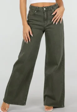 Olijfgroene Wide Leg Jeans met Hoge Taille en Lichte Stretch