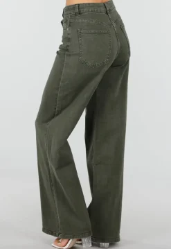 Olijfgroene Wide Leg Jeans met Hoge Taille en Lichte Stretch
