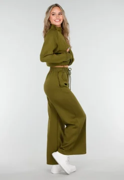 Olijfgroene Wijde Broek met Hoge Taille en Trekkoord