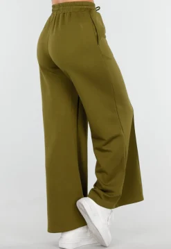 Olijfgroene Wijde Broek met Hoge Taille en Trekkoord