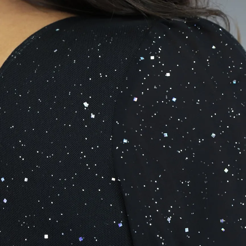 One Shoulder Glitter Bodycon Jurk met Geplooid Mesh