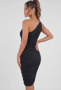 One Shoulder Zwarte Bodycon Jurk met Plooien