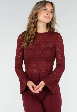 Opengewerkte Top Bordeaux Rood met Wijde Mouwen