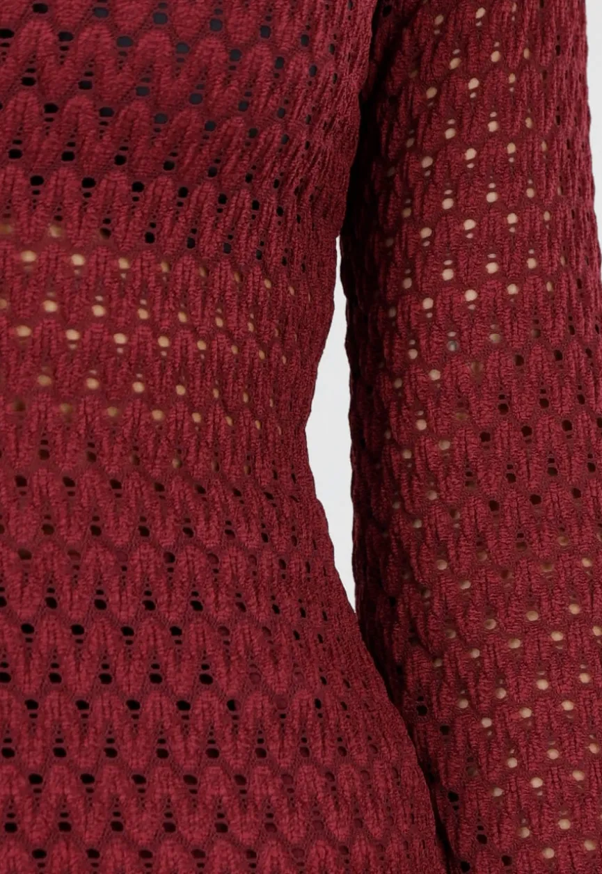 Opengewerkte Top Bordeaux Rood met Wijde Mouwen