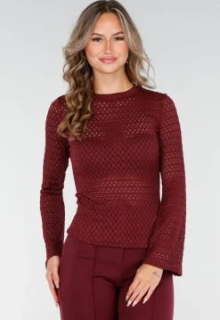 Opengewerkte Top Bordeaux Rood met Wijde Mouwen