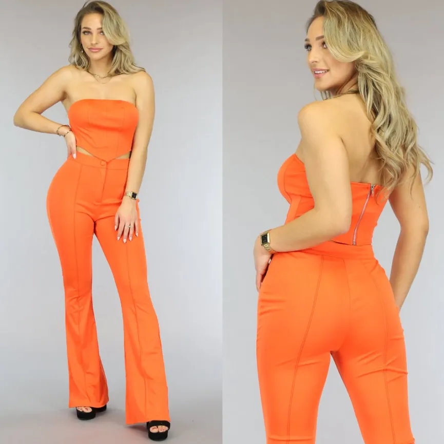 Oranje Bandeau Set met Flair Pantalon