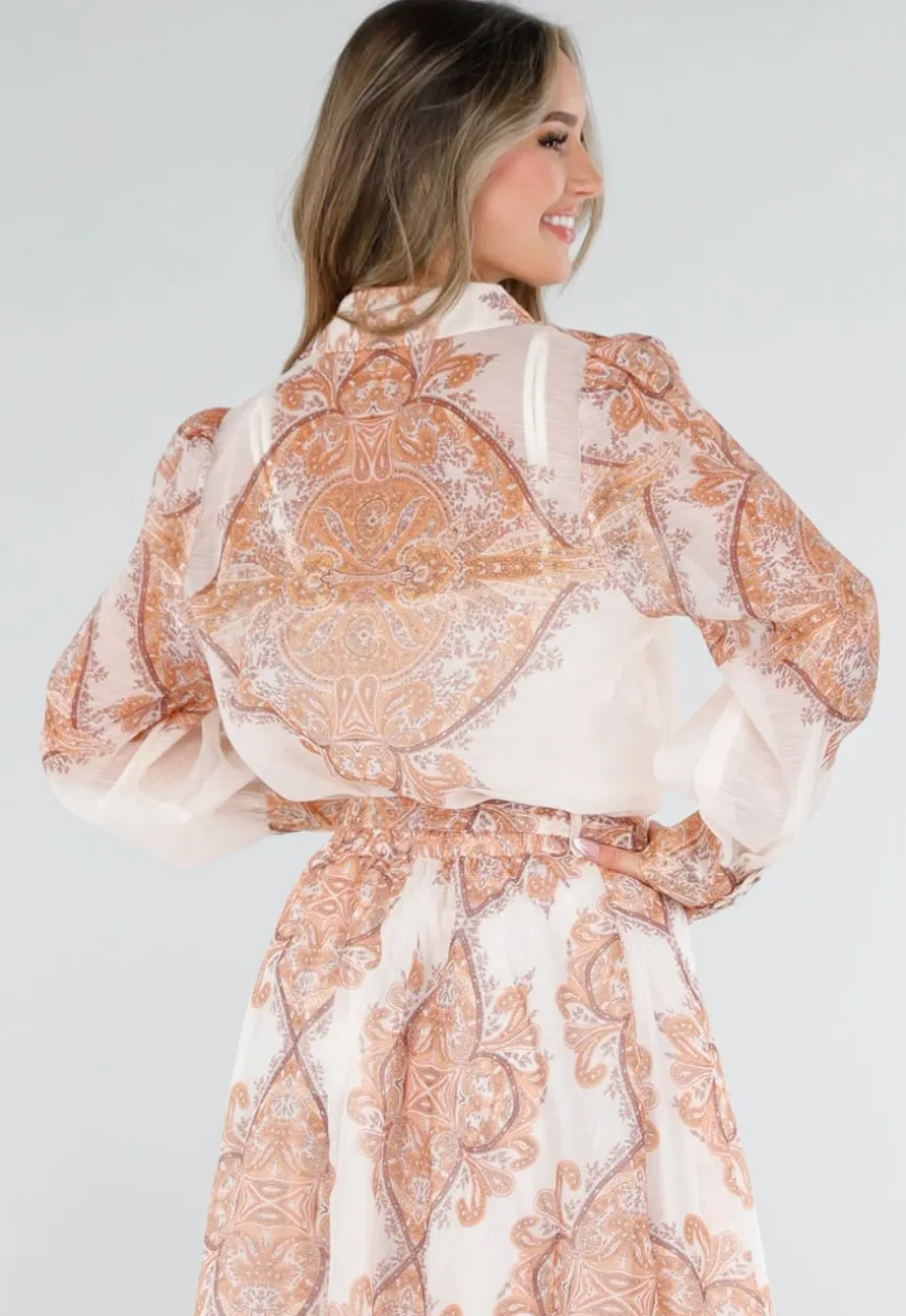Oranje Blouse met Paisley Print en Lange Mouwen