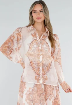 Oranje Blouse met Paisley Print en Lange Mouwen
