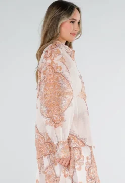 Oranje Blouse met Paisley Print en Lange Mouwen