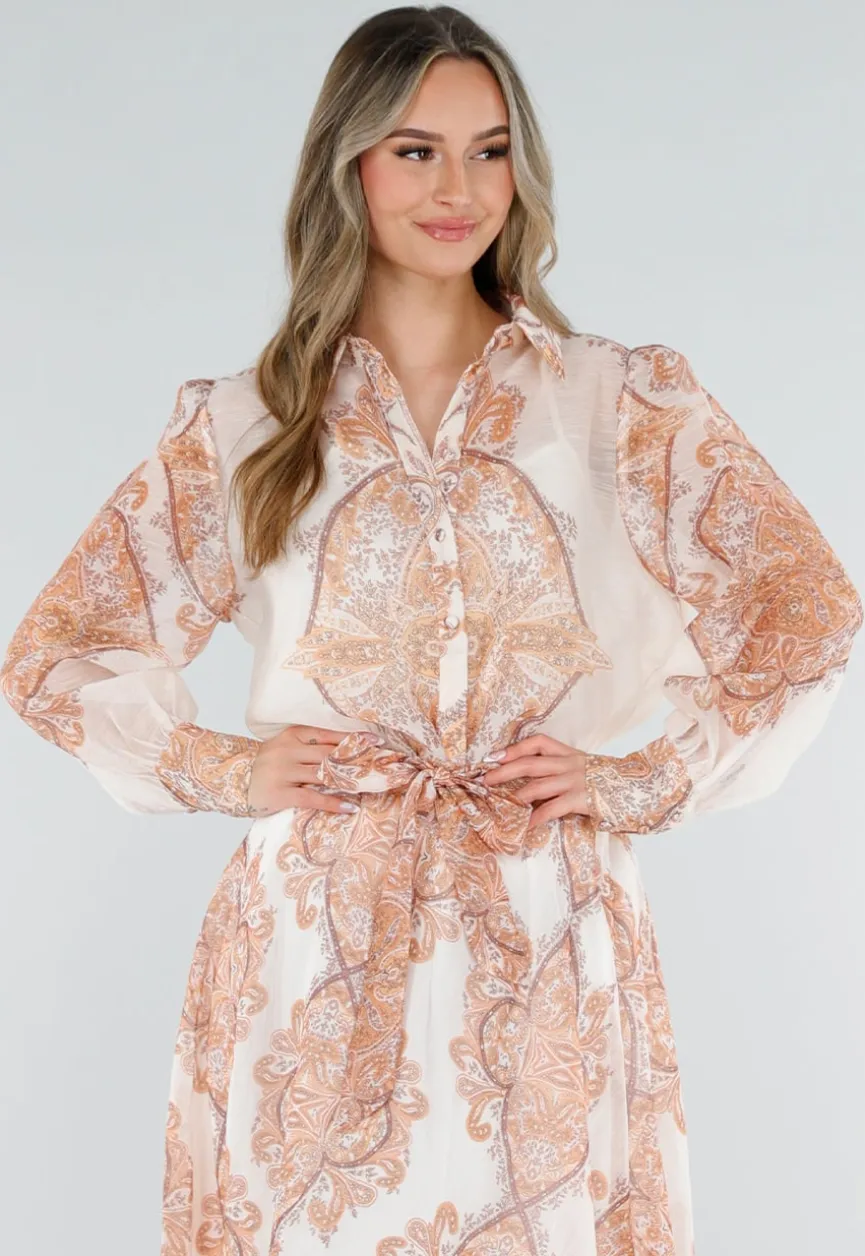 Oranje Blouse met Paisley Print en Lange Mouwen