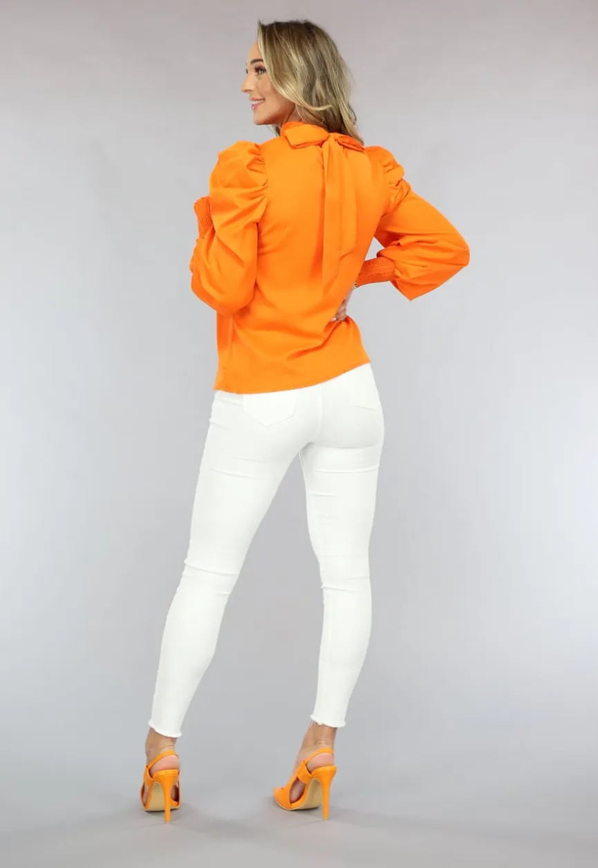 Oranje Blouse met Pofmouwen en Strikdetail