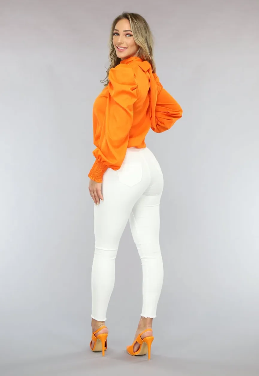 Oranje Blouse met Pofmouwen en Strikdetail
