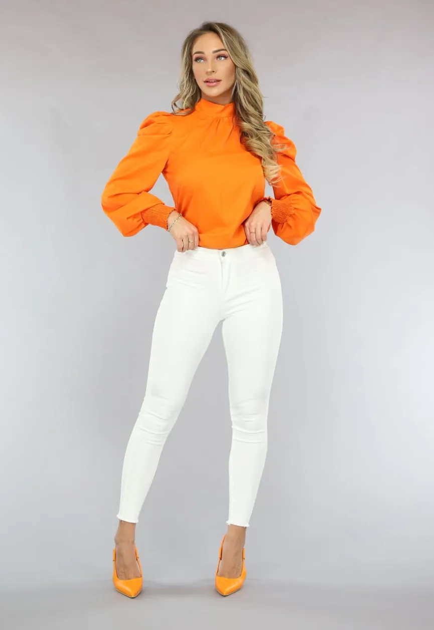Oranje Blouse met Pofmouwen en Strikdetail