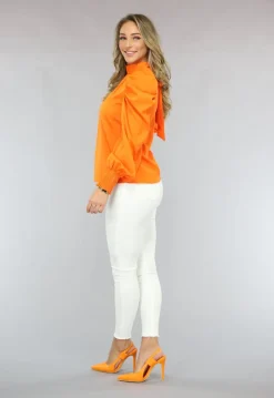 Oranje Blouse met Pofmouwen en Strikdetail