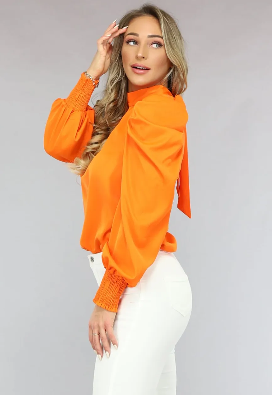 Oranje Blouse met Pofmouwen en Strikdetail