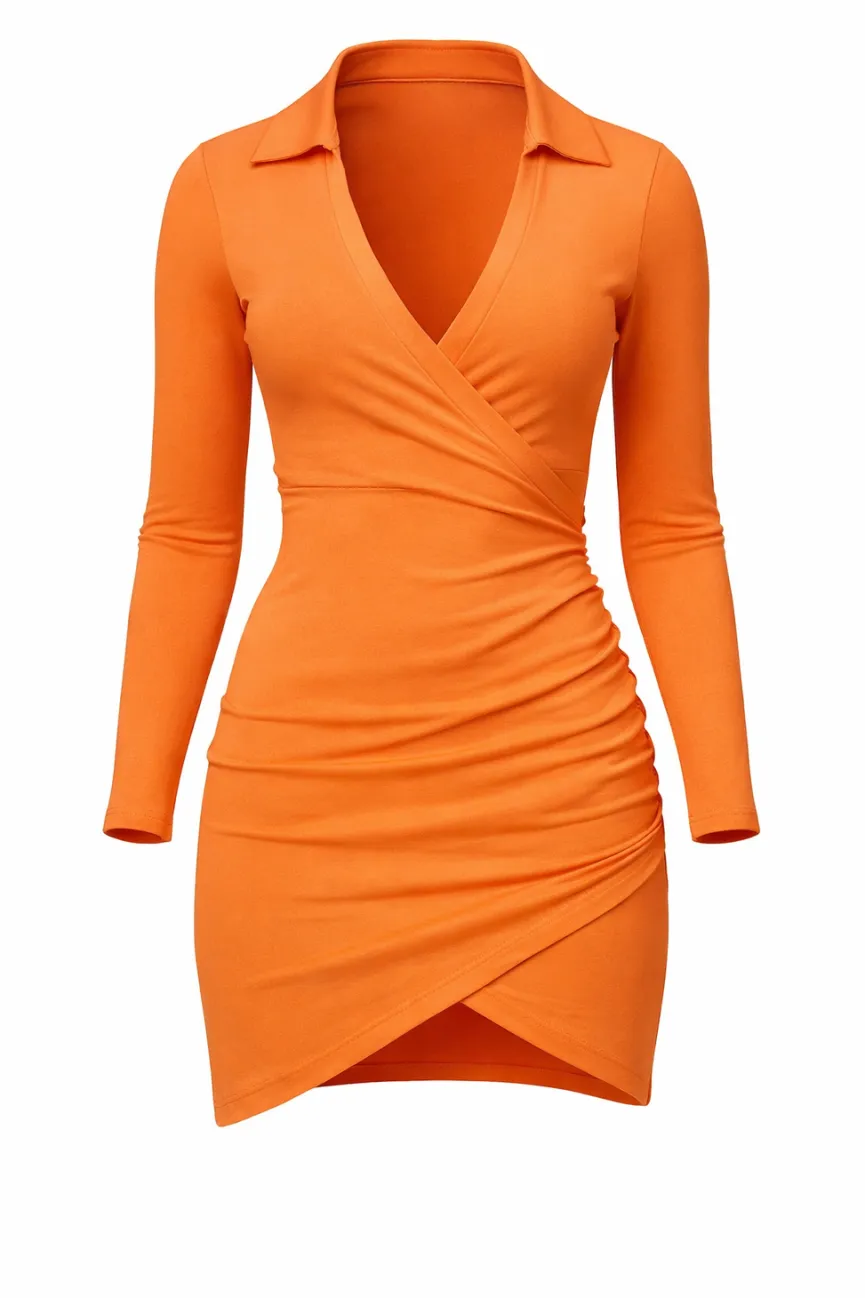 Oranje Bodycon Jurkje met V-Hals en Kraagje