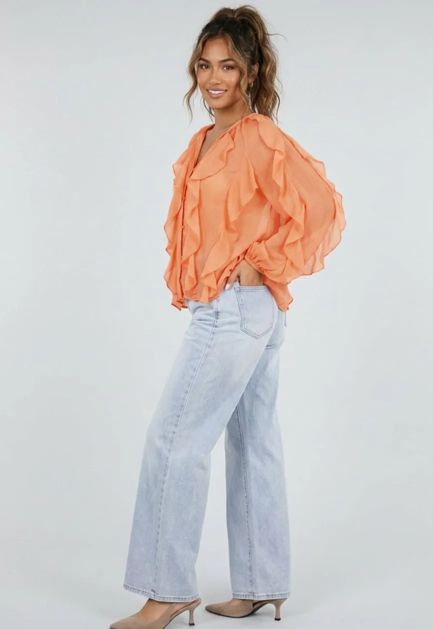 Oranje Chiffon Blouse met Ruffle Details en Lange Mouwen