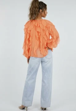 Oranje Chiffon Blouse met Ruffle Details en Lange Mouwen