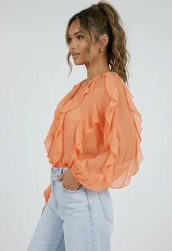 Oranje Chiffon Blouse met Ruffle Details en Lange Mouwen