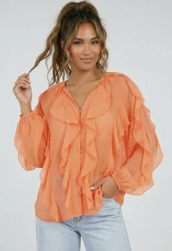 Oranje Chiffon Blouse met Ruffle Details en Lange Mouwen