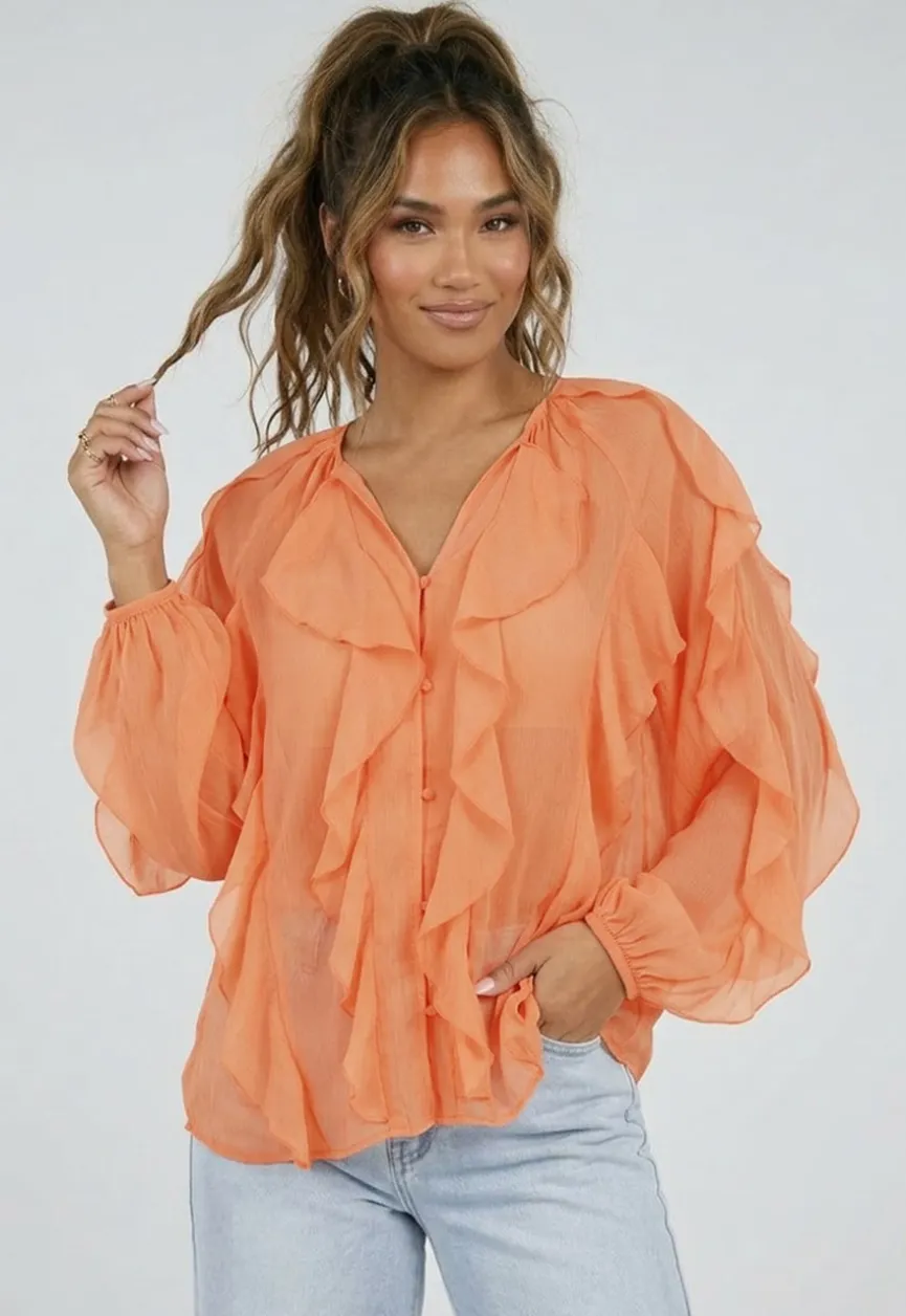 Oranje Chiffon Blouse met Ruffle Details en Lange Mouwen
