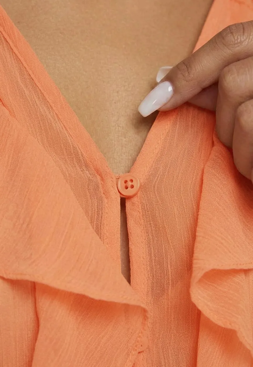 Oranje Chiffon Blouse met Ruffle Details en Lange Mouwen