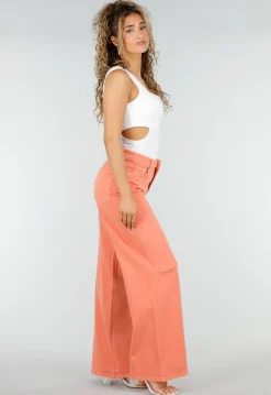 Oranje Denim Wide Leg Jeans met Hoge Taille en Stretch