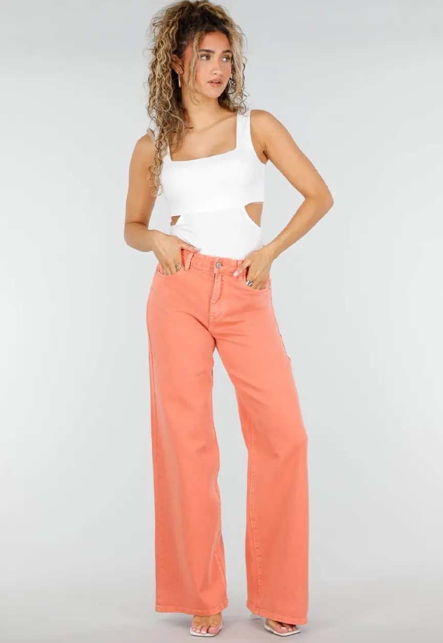 Oranje Denim Wide Leg Jeans met Hoge Taille en Stretch