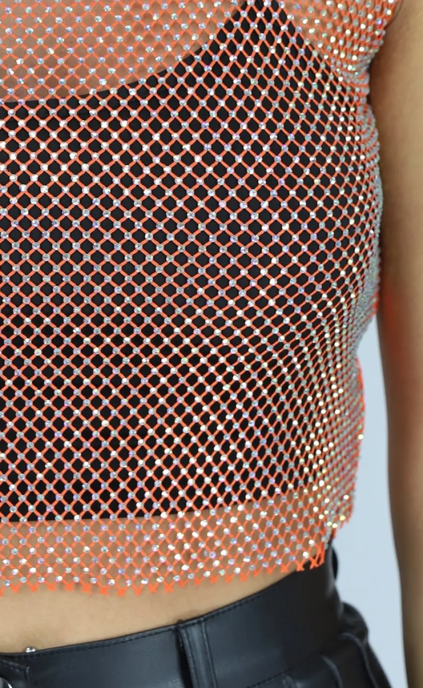 Oranje Fishnet Glitter Tank Top