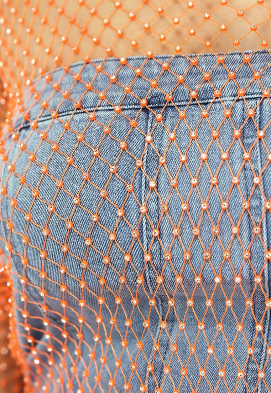 Oranje Fishnet Jurkje met Strass