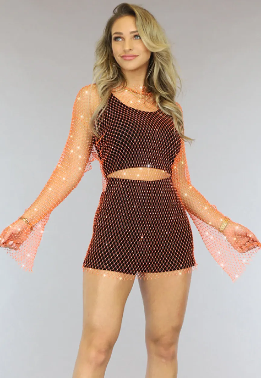Oranje Fishnet Jurkje met Strass