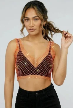 Oranje Fishnet Topje met Strass