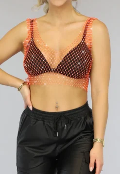 Oranje Fishnet Topje met Strass