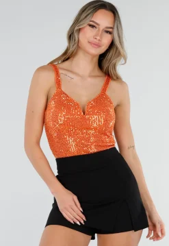 Oranje Glitter Body met Diepe V Hals