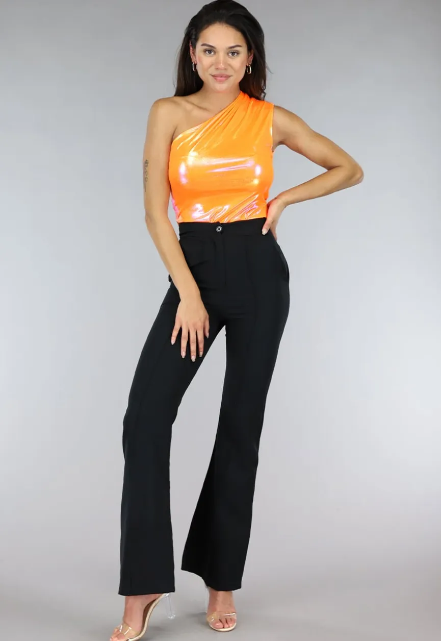 Oranje Holografische Metallic One Shoulder Bodysuit