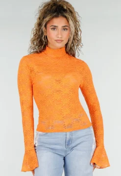 Oranje Kant Top met Col en Uitlopende Lange Mouwen