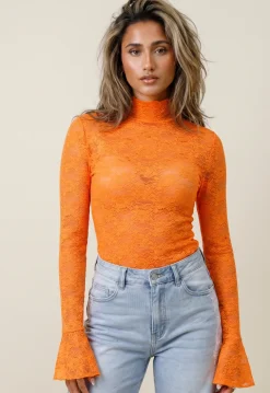 Oranje Kant Top met Col en Uitlopende Lange Mouwen