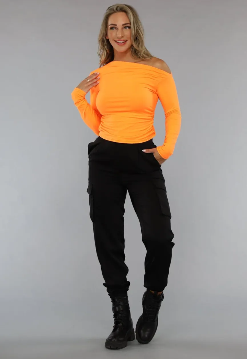 Oranje Longsleeve Top met Geplooid Effect